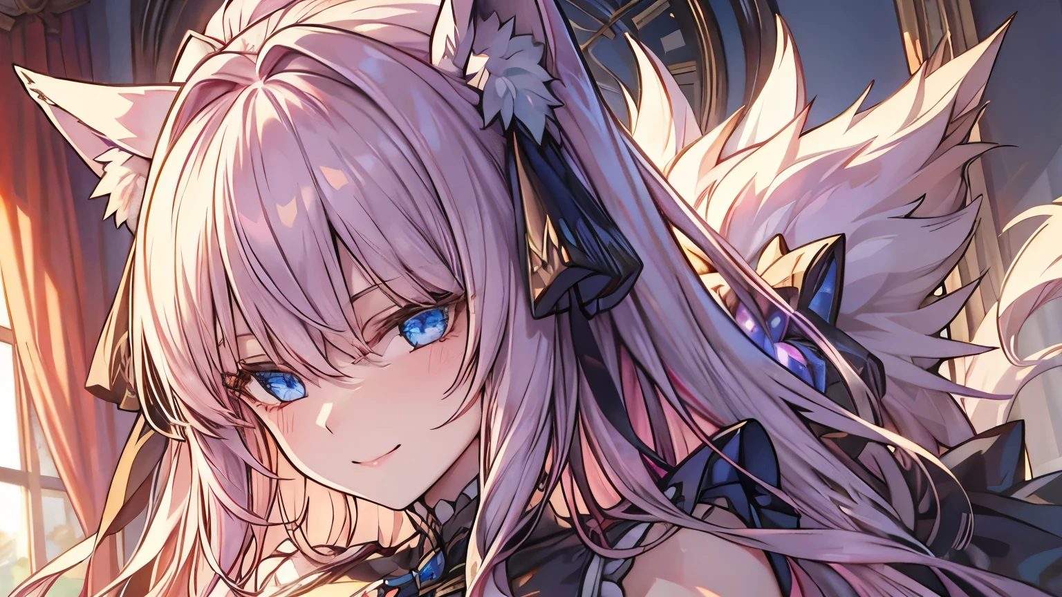 dynamic angle, illustration, upper body, 1girl, smile, detailed eyes, hair between eyes, streaked hair, long hair, noble, frilled dress, jewel, wolf ears, wolf tail