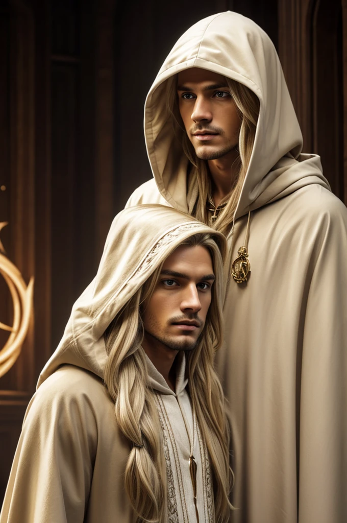 A human warlock with celestial patron. A human with white blonde long hair and a beige hood.