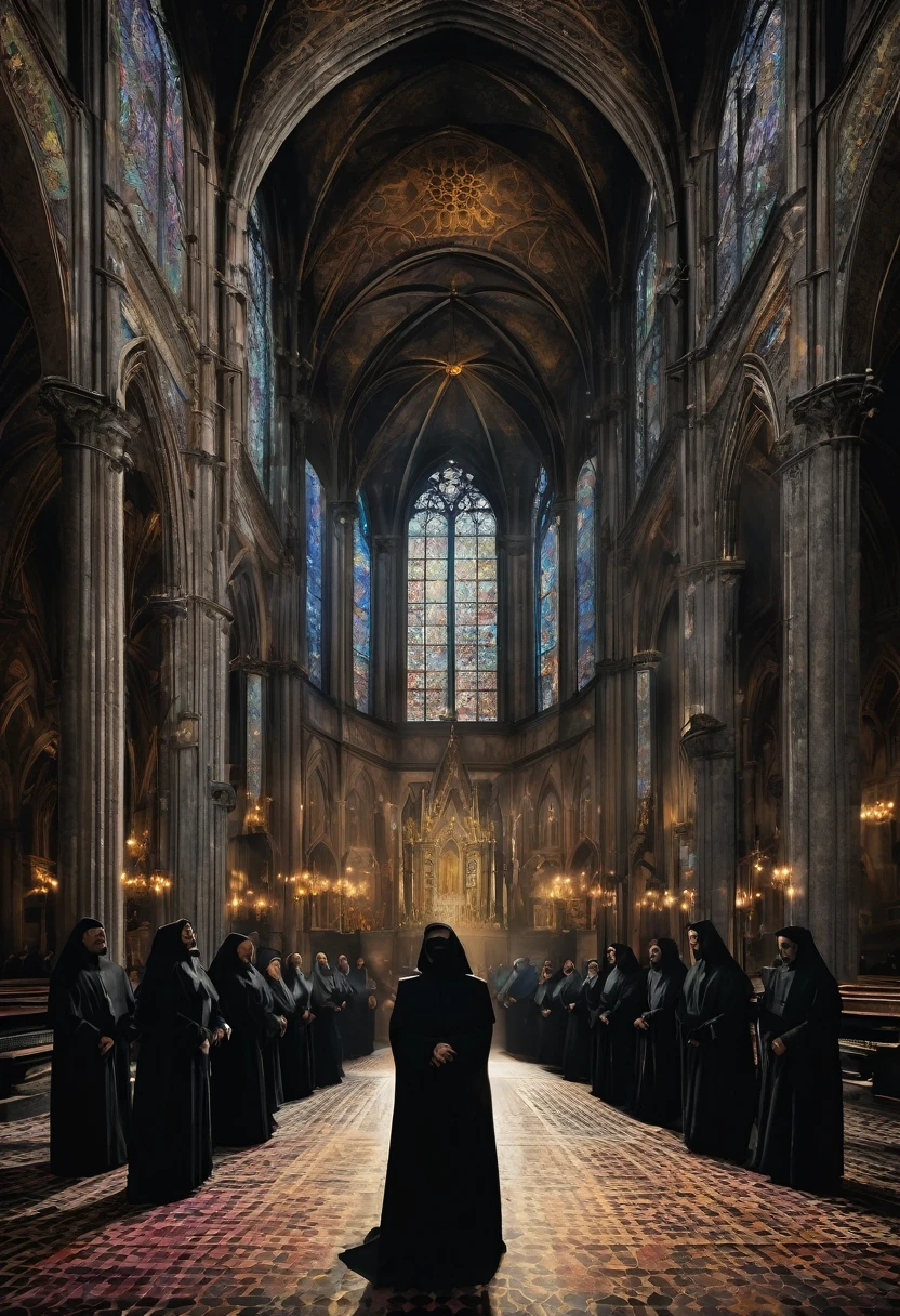 A beautiful gothic nun with four men, album cover for a symphonic metal band, duomo di milano, dramatic lighting, dark mood, moody colors, cinematic, intricate details, ornate architecture, intricate patterns, chiaroscuro lighting, dramatic poses, intense expressions, digital art, photorealistic, highly detailed, masterpiece