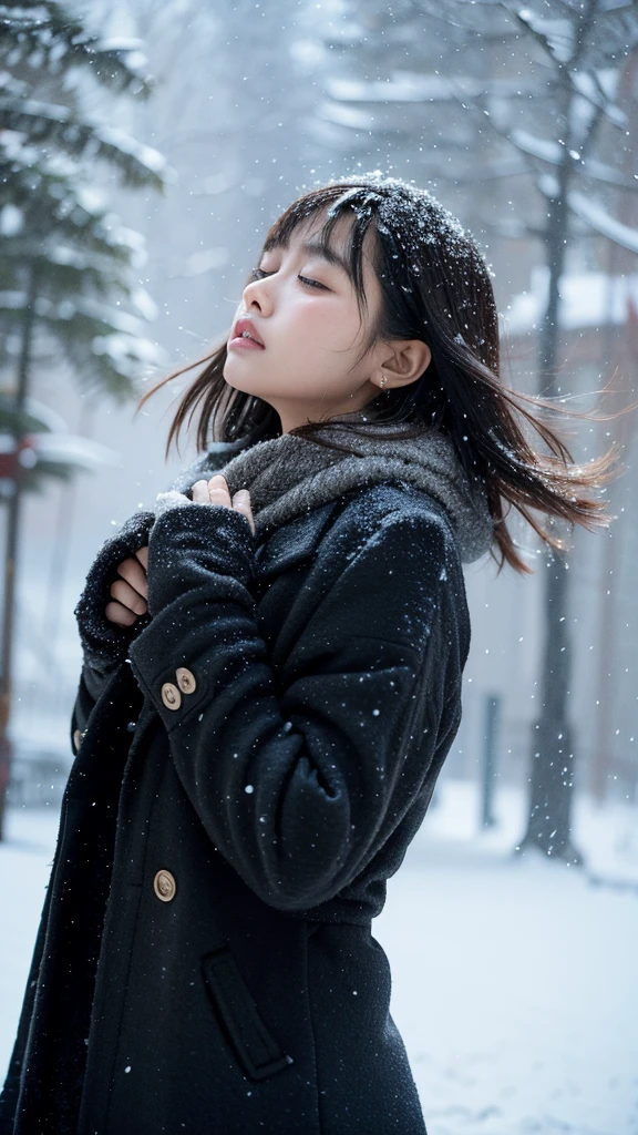 a girl with short hair in a black coat was standing in the snow,look up,the breeze stirred the hair,heavy snow,snowing,depth of field,telephoto lens,messy hair,((close-up)),((sad)),sad and melancholy atmosphere,reference movie love letter,profile,looking up,(face focus),((floating hair)),bangs,eyes focus,half closed-eyes,central composition,from below,