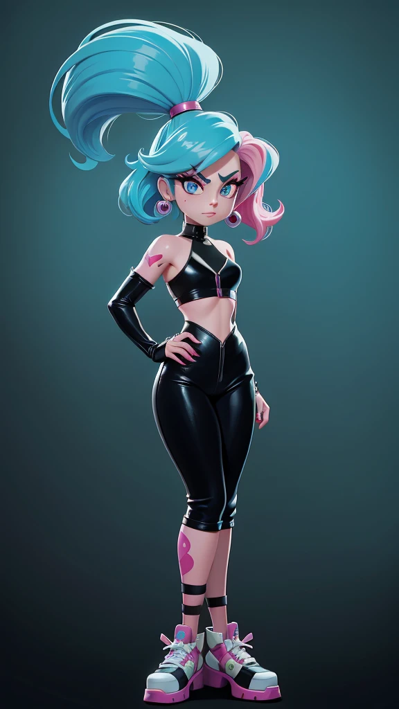 girl, , short shoulder-length hair, pink hair color, a cartoon character with pink hair and a black outfit, danny phantom, villainess, bubble goth, harley queen, powerpuff girls style, harley quinn, jinx from league of legends, style mix of æon flux, jinx from arcane, she has pale blue skin!!!, inspired by Bruce Timm, lady gaga is harley quinn, as a retro futuristic heroine
