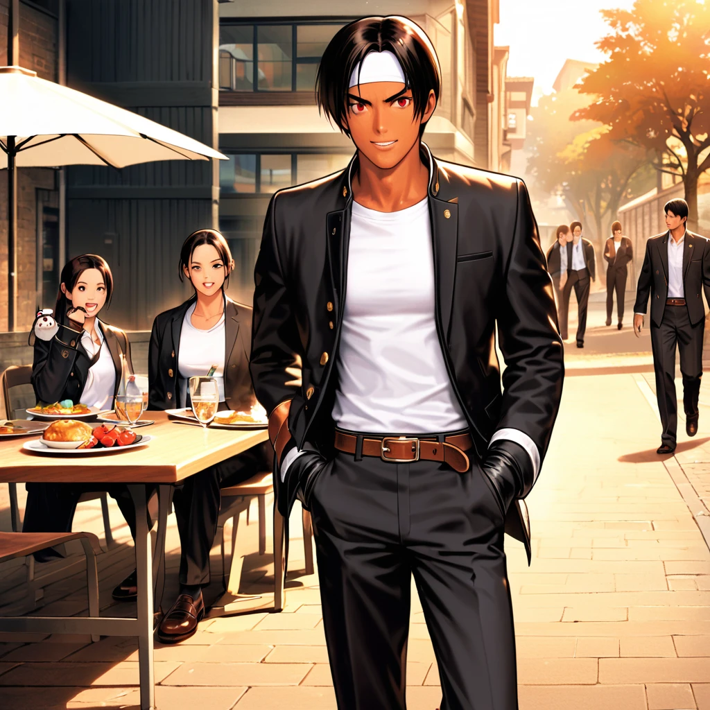 Orochikyo, 1 person,Dark Skin,Red eyes,Black jacket,Black Hair, Fingerless gloves, White T-shirt, White headband, Black trousers, White shoes, Brown belt, good looking,Outdoor, charm, masterpiece, High resolution, Detailed face,fine grain, Confident surprised face,School trip,Dining with friends at the accommodation,Laughing and talking
