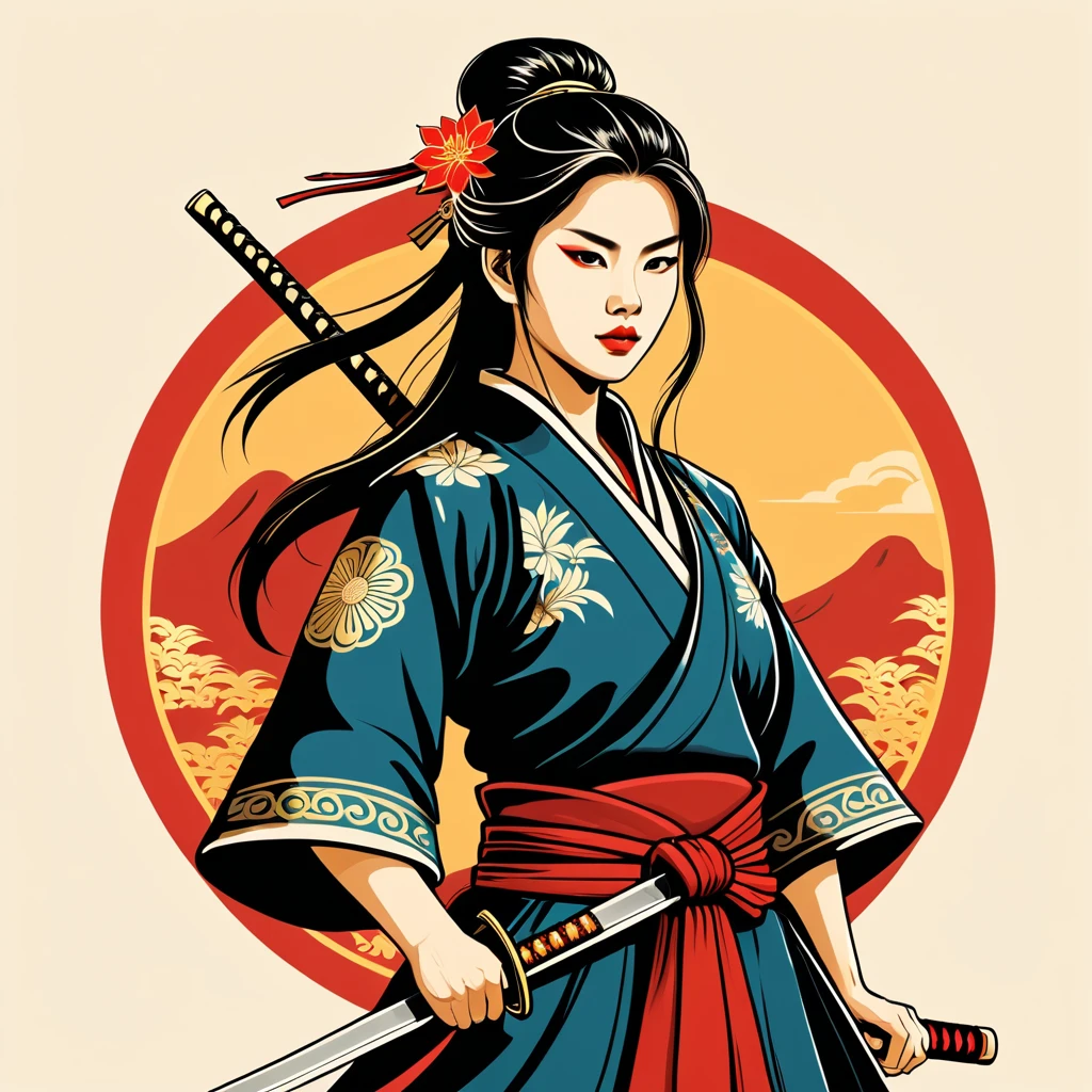 female	samurai	in vietnamese folk outfit	,vector graphics, strong contours, logo design																						