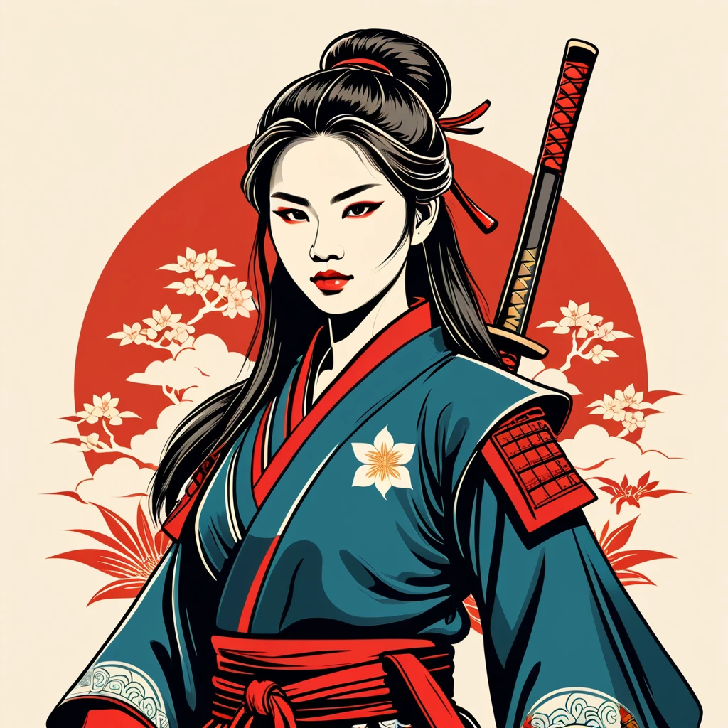 female	samurai	in vietnamese folk outfit	,vector graphics, strong contours, logo design																						