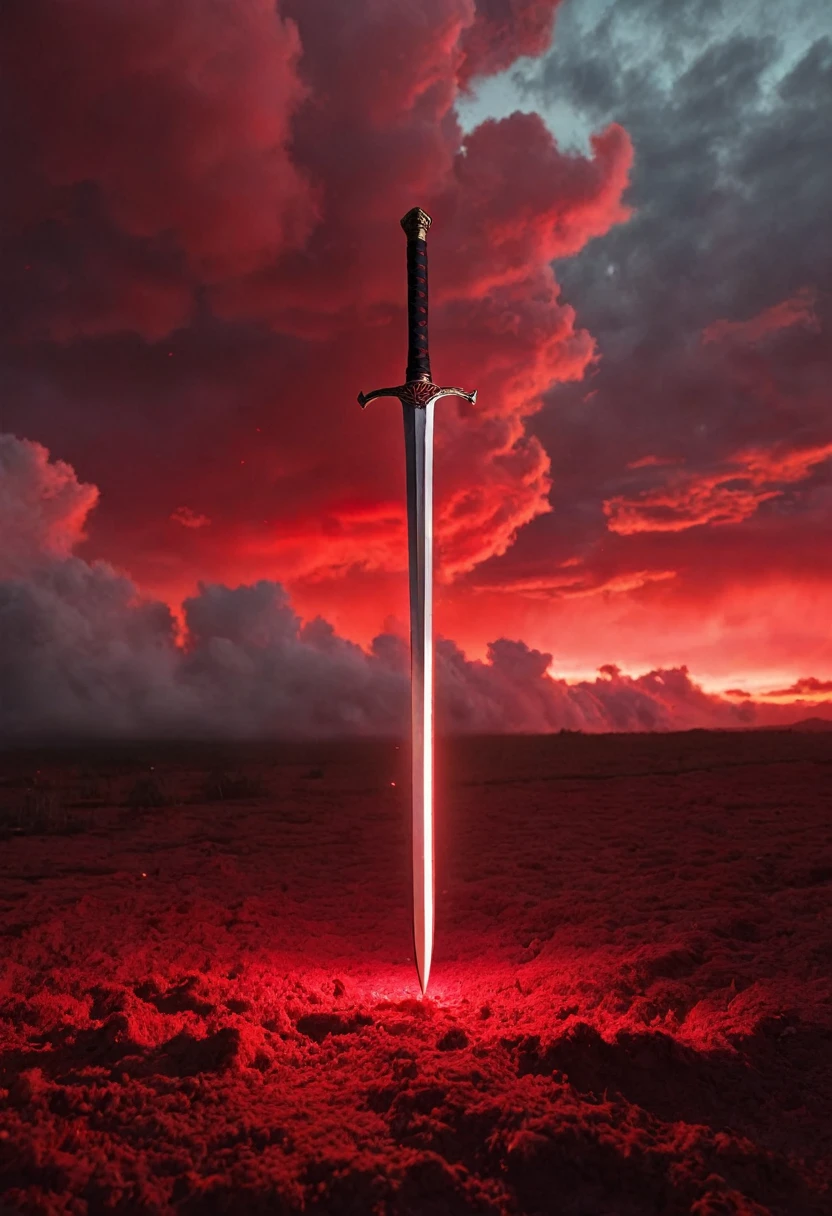 Red clouds on the ground, red light and a sword coming out of the sky