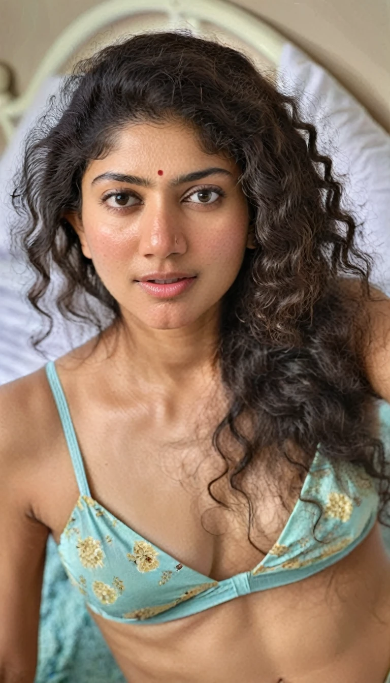 ultrarealistic hires body close up photo of a 30-year-old sai pallavi woman, bedroom, realistic skin texture, looking looking at camera, free curly hair, in bed, in bikini, realistic skin, in bed, cleavage and midriff, taking selfie,  true camera pic, beautiful eyes, while fucking, naked