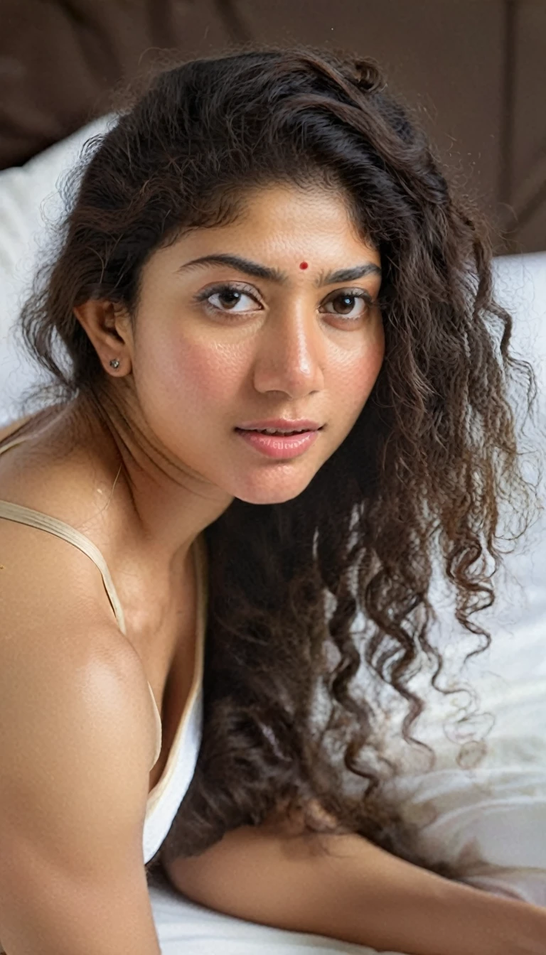 ultrarealistic hires body close up photo of a 30-year-old sai pallavi woman, bedroom, realistic skin texture, looking looking at camera, free curly hair, in bed, in bikini, realistic skin, in bed, cleavage and midriff, taking selfie,  true camera pic, beautiful eyes, while fucking, naked