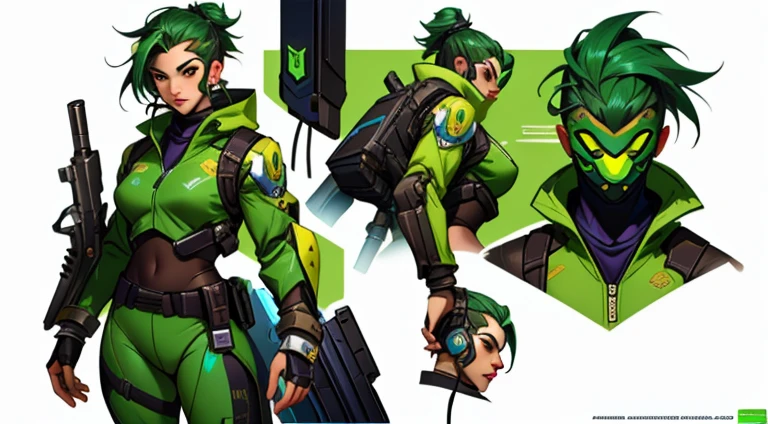 a close-up of a person in a green suit with a gun, overwatch character concept art, specialized conceptual art in high detail, video game character designs, Pele the Overwatch, surveillance project, overwatch character, of surveillance, Amazing 8K character concept art, fofosexyrobutts, Lúcio as a woman, video game character art, impeccable concept art, video game character design