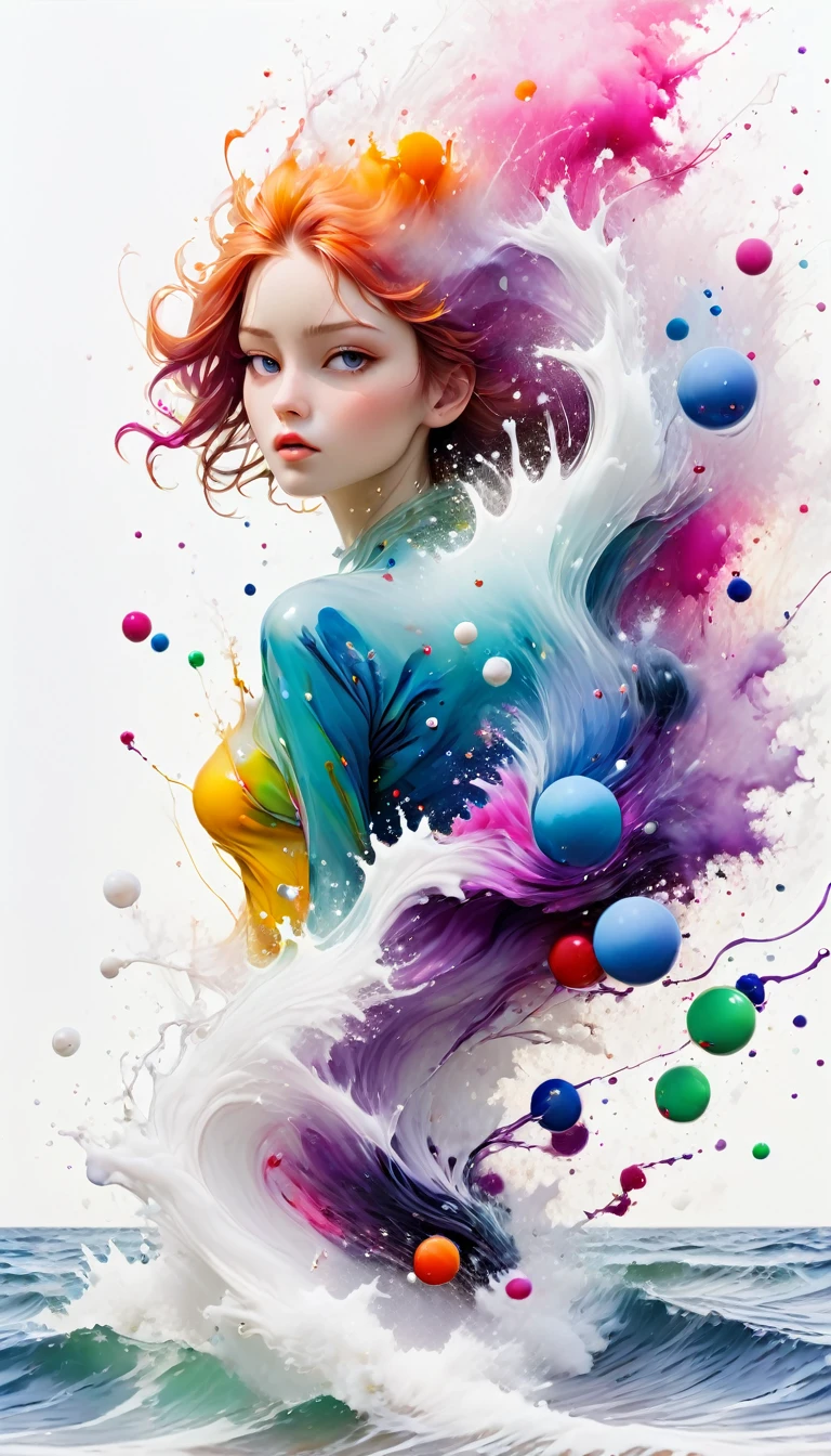 scribble art，ink splatter，1girl, wild and unrestrained，splash ink painting，Abstractionism，colorful，Blurry dreams，Dynamic energy,release creation，visual impact,modern aesthetic,Elegant and simple,Contemporary interpretation,Be bold,White background，Lots of white space，Colored glass marbles fall into sea of ink，ink splatter moment，Stir up huge colorful waveagnificent