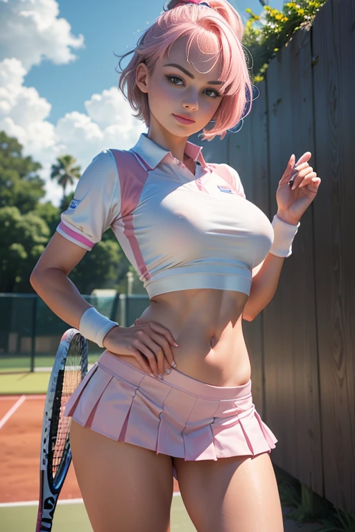 Margot Robbie, and 8K,premium,real image,intricate details,超High resolution,depth field,masseter piece,natural soft light,Professional lighting,1 girl in,(cute little:1.2),an extremely beautiful 17 year old girl,A detailed eye,((pink eyes)),(pink hair),(with short hair),(fringe),Perfect skin,shiny skin,white and light skin,thin skin,((perfect anatomy,good hand,perfect hand,Five fingers connected to the palm of the hand.,precise hands without incongruity)),Perfect raw legs,delicate legs,perfect proportions,tennis player,perfect face,big and full breasts, big hard nipples, convex buttocks,white polo shirt,Short white pleated skirt,White sports socks,WHITE TENNIS,High ponytail,a wet body,Shake the paddle,sunny day,clouds, Thigh closeup, Focus on the buttocks(thin smile)),(out of home),(tennis coat)