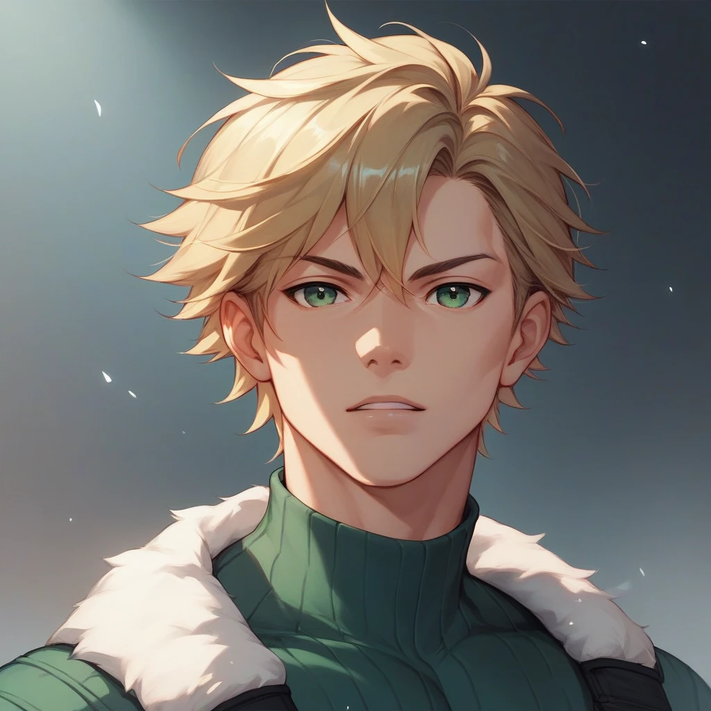 Solo, male,dark blonde hair, mid-length hair, dark green eyes, cool outfit, bare face, handsome