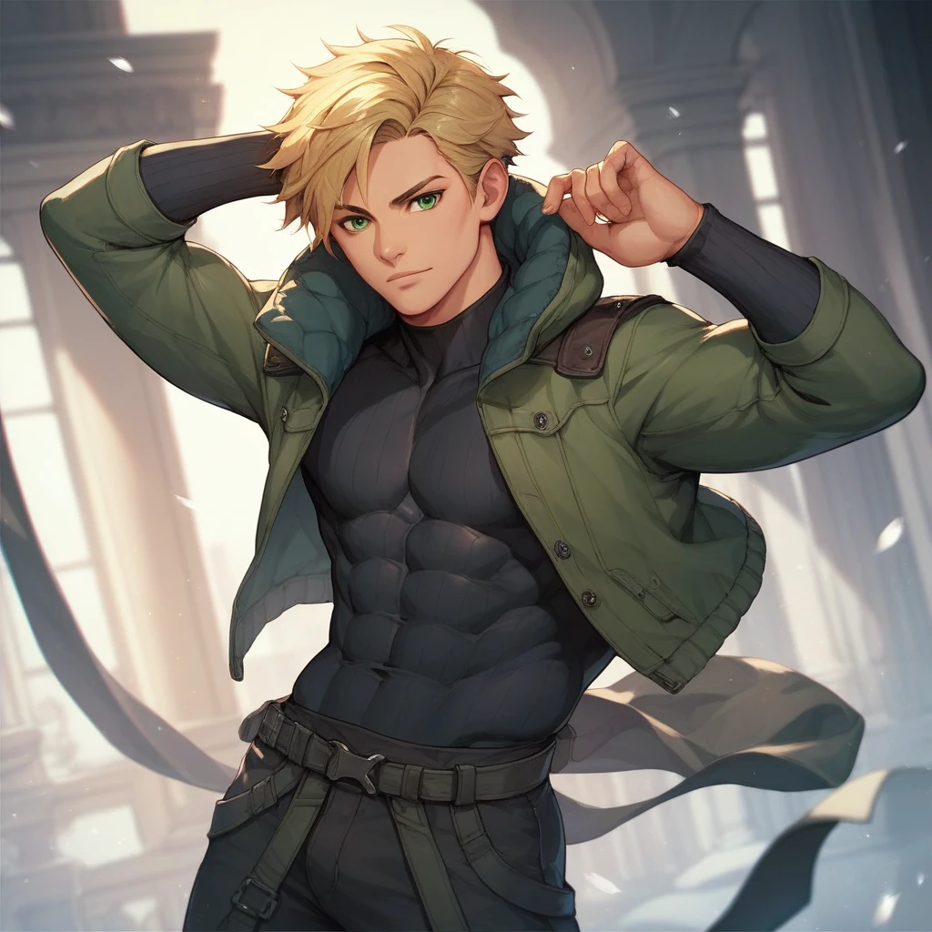 Solo, male,dark blonde hair, mid-length hair, dark green eyes, cool outfit, bare face, handsome