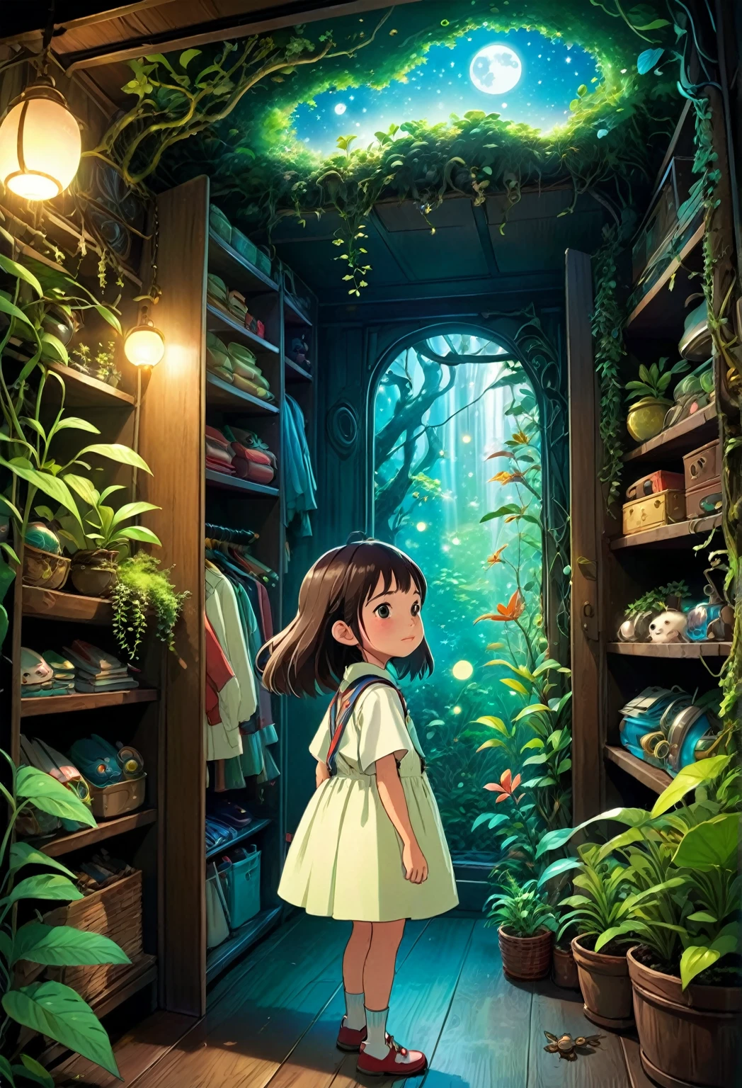 A cartoon  boy in blue overalls, a red and white striped t-shirt and a peaky blinder cap stands amidst a room adorned with lush plants and a lush nocturne forest scenario, a hole in the ceiling adorned with moss and vines reveals a shiny moon, biophilic and solarpunk place, encapsulated in an anime background reminiscent of Makoto Shinkai's and Cyril Rolando's artistry. The ambiance echoes the enchanting style of Studio Ghibli, with a magical environment that could belong to a Ghibli anime movie, all rendered in the beautiful and distinctive art style of Makoto Shinkai.