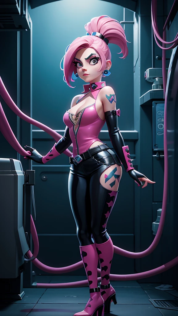 girl, , short shoulder-length hair, pink hair color, a cartoon character with pink hair and a black outfit, danny phantom, villainess, bubble goth, harley queen, powerpuff girls style, harley quinn, jinx from league of legends, style mix of æon flux, jinx from arcane, she has pale blue skin!!!, inspired by Bruce Timm, lady gaga is harley quinn, as a retro futuristic heroine, add a text graffiti "DOLORES_E36"