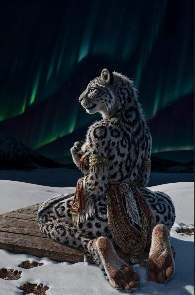 Snow Leopard, Humanity, furry, woman, woman, fur, detailed fur masterpiece, Highest quality, Digital Art, (Realistic:0.3), comics, Fine Lines, High resolution, Visually stunning (Detailed lighting, Depth of written boundary:0.9), Detailed Color, Vibrant colors, perfect hands, Fine hand (beautiful, cute, fluffy:1.2), Detailed body, Barefoot hairy character ,One girl,Person sitting barefoot in the snow, Nice legs, Soles and pads,smile,nature, Tribal accessories, Tribal costume, Colorful aurora borealis,Night