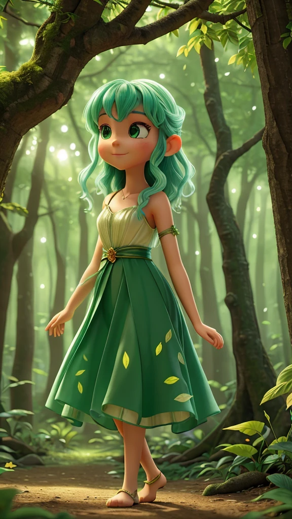 In the heart of an ancient forest, a pixie named Elara flitted gracefully among the towering trees. Her aura shimmered with a mesmerizing blend of emerald and gold, casting a gentle glow that illuminated the forest floor. The canopy above was a rich tapestry of green, with sunlight filtering through the leaves in delicate beams, creating a dance of light and shadow. Vibrant flowers dotted the underbrush, their petals glistening with morning dew, while the sweet scent of blooming jasmine filled the air. Birds chirped melodiously from the branches, and the gentle rustle of leaves whispered secrets of the forest's timeless beauty. Elara's wings, delicate and iridescent, caught the light as she moved, leaving a trail of sparkling dust in her wake. The forest, alive with the hum of life and the rustle of leaves, seemed to welcome her with every step, each tree and plant bending slightly as if to greet their luminous visitor.