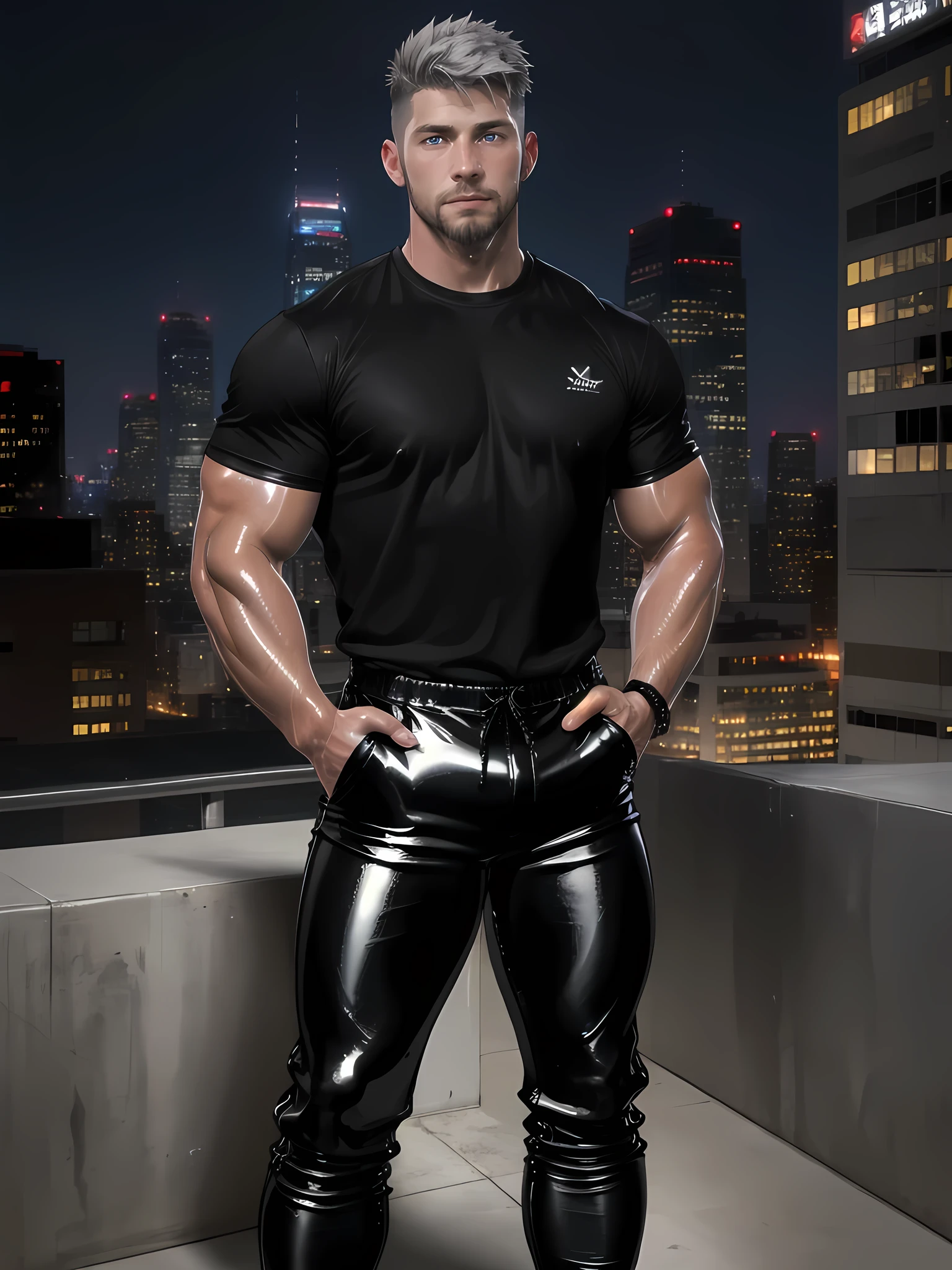 handsome man, manly, ((glossy shiny) black сompression t-shirt: 1.2), ((shiny glossy) metallic silver pants: 1.2), short beard, caucassian, 1boy, (anatomically correct, male focus, gray eyes, undercut: 1.1), dark ash gray hair, hands in pockets, confident pose, standing, undercut, looking at viewer, muscular, skyscraper rooftop scene, night sky,