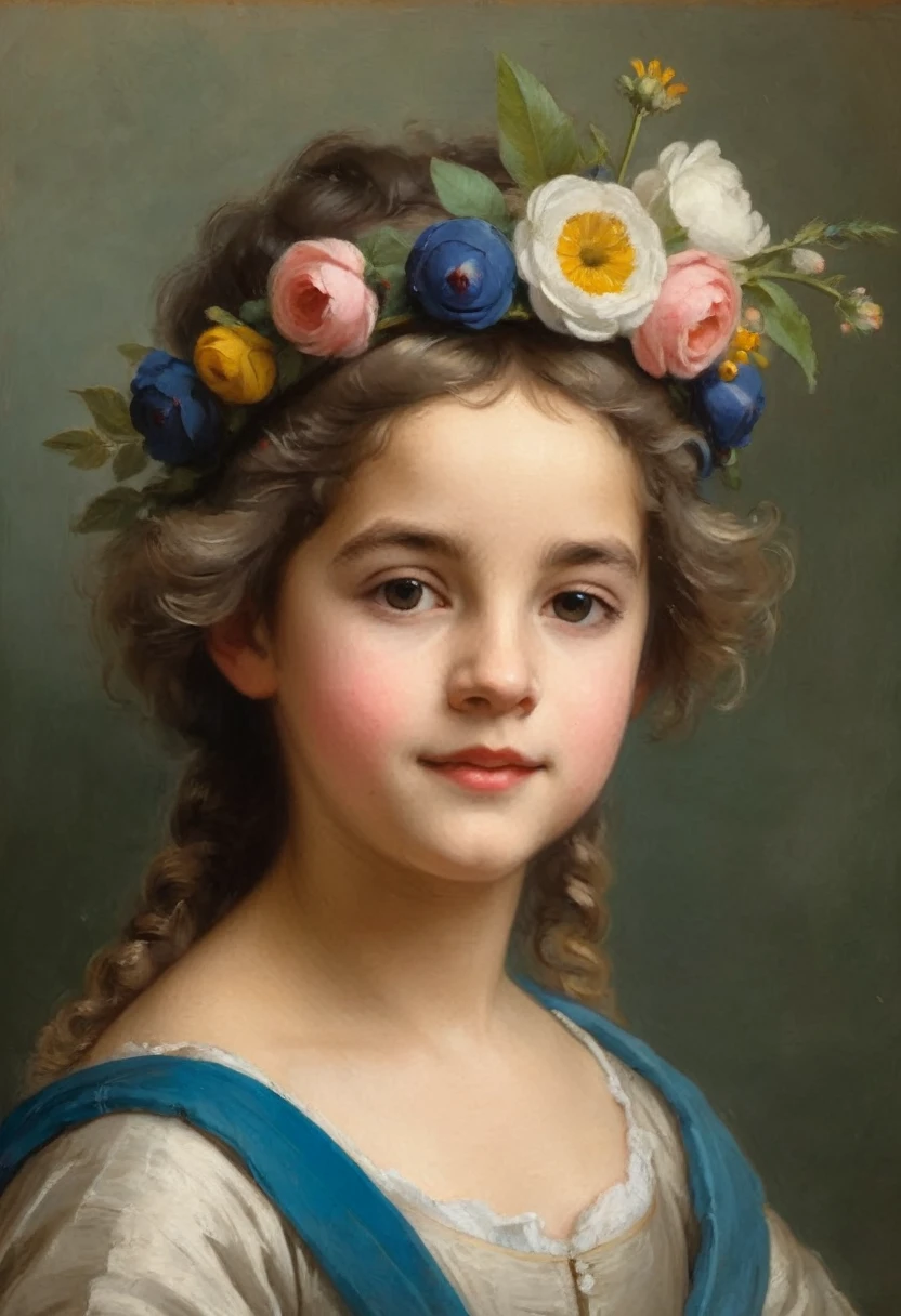 a painting of a young girl with a flower crown on her head, by Élisabeth Vigée Le Brun, by Adélaïde Labille-Guiard, by Charles Le Brun, portrait of a young girl, portrait of a young empress, inspired by Adélaïde Labille-Guiard, portrait young girl