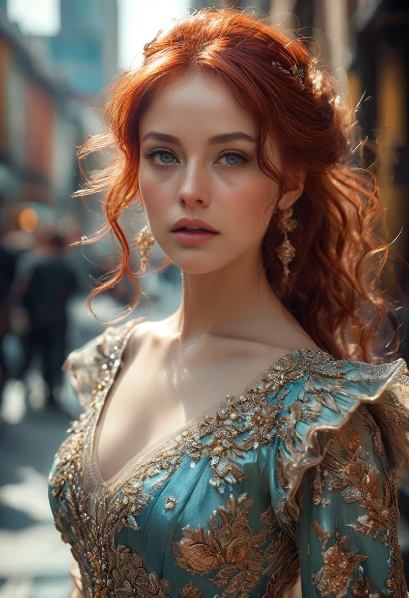 An attractive woman with red hair and a serious face, elegantly dressed with dress, hyper realistic absurd, raw-photo, 8K UltraHD, high qualiy, Film grain, (highly detailed skin:1.2)
