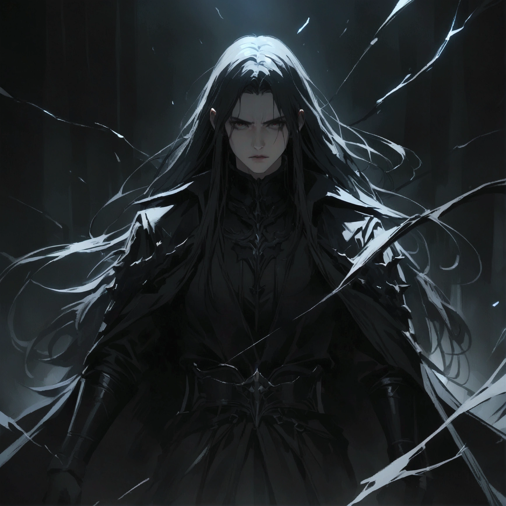 Men with long hair, darkness, definition of void, void, cinematic, 4K, dynamic, highly detailed