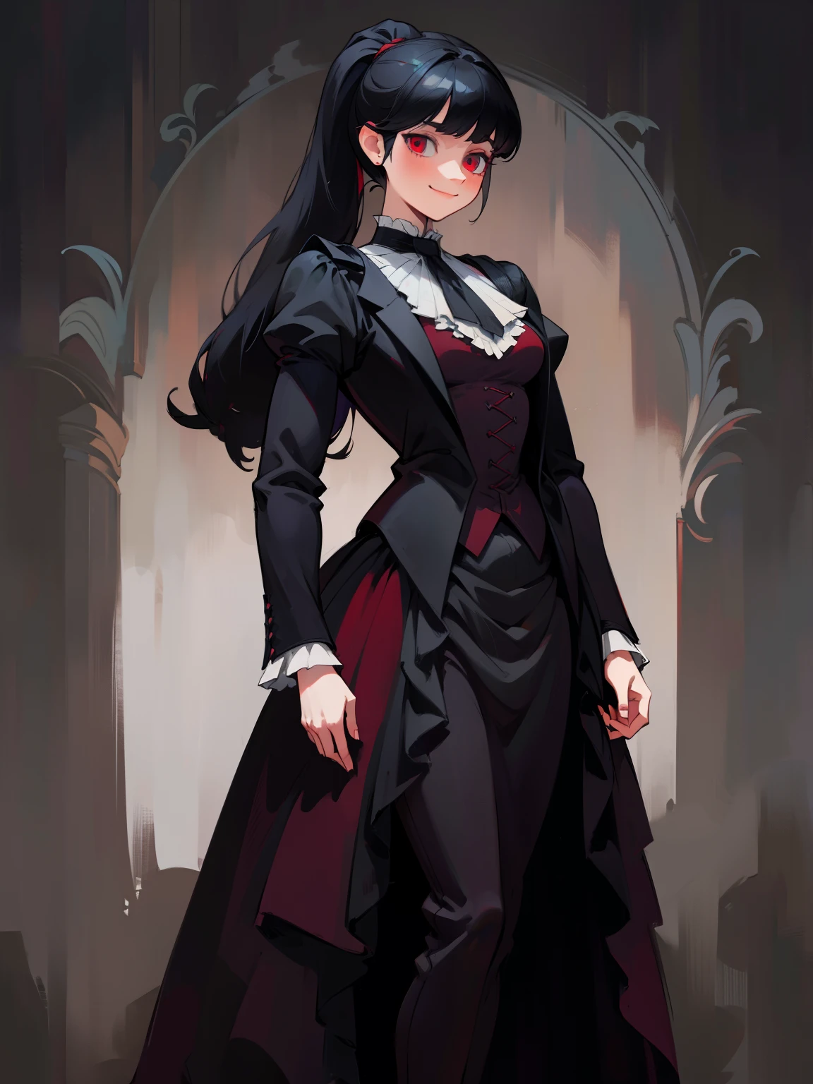 butler outfit, long black hair, pony tail, maroon red eyes, bangs, Gothic art, full body shot, elegant pose, smile, Romanticism, masterpiece, anatomically correct, high quality, super detail, best quality, 4K, 8k