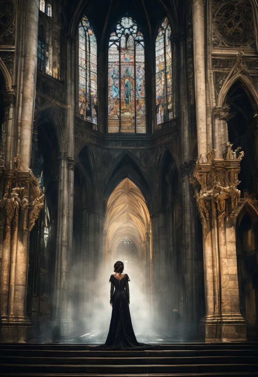 a beautiful gothic woman with four men in the duomo di milano, symphonic metal album cover, highly detailed portrait, dramatic lighting, cinematic, chiaroscuro, rich colors,ornate gothic architecture, intricate details, moody atmosphere, atmospheric, mystical, ethereal, dramatic, elegant, high contrast, dramatic lighting, dynamic composition, photorealistic, hyperrealistic, award winning,cinematic lighting, volumetric lighting, dramatic shadows, volumetric fog, stunning, masterpiece, intricate details, exquisite