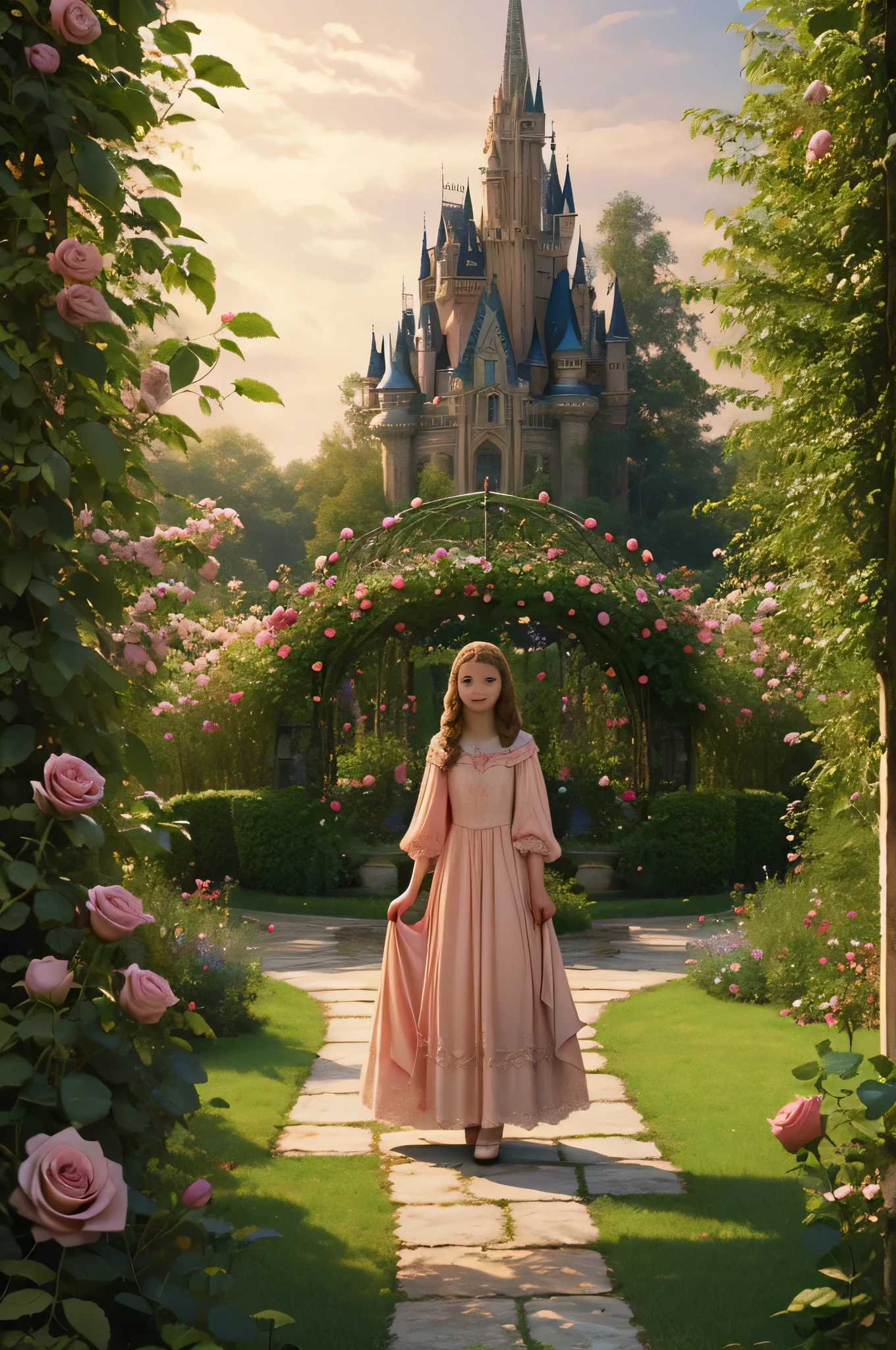 Illustration for a fairy tale , girl in the rose garden, with the beautiful house of the good witch in the background, 