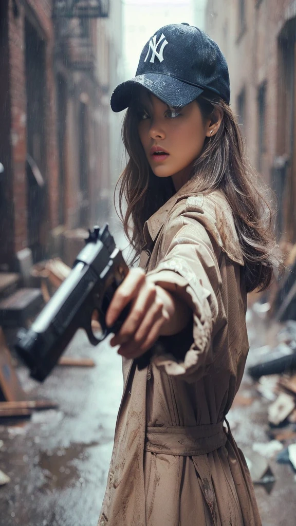 (highly detailed, realistic photo, realistic skin texture), 8K, an American-based beautiful Japanese woman holding a sawed-off shotgun at her waist and looking back, wearing a dirty and torn beige trench coat, a navy Yankees baseball cap, dirty high-top Nike sneakers, in an alley with scattered bricks and debris, with rain falling and wet clothes, with a fascinating and action-packed pose, and a cool composition.