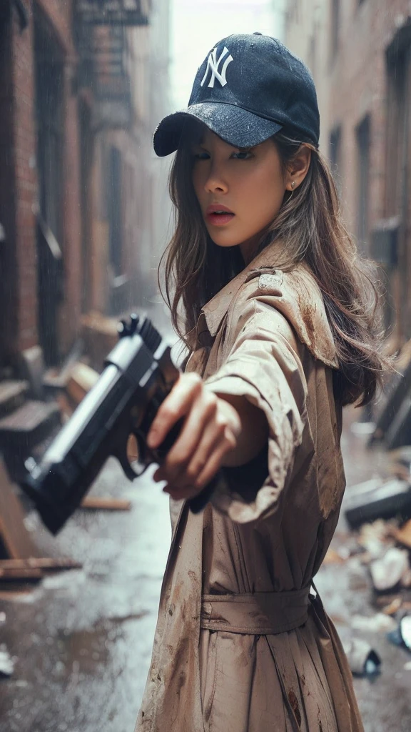 (highly detailed, realistic photo, realistic skin texture), 8K, an American-based beautiful Japanese woman holding a sawed-off shotgun at her waist and looking back, wearing a dirty and torn beige trench coat, a navy Yankees baseball cap, dirty high-top Nike sneakers, in an alley with scattered bricks and debris, with rain falling and wet clothes, with a fascinating and action-packed pose, and a cool composition.