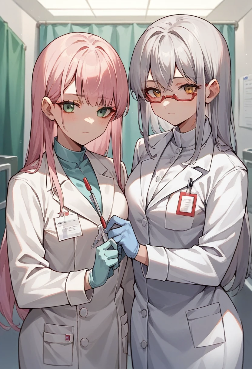 2girls, clinic, standing, looking at the viewer
1girl, gray hair, square haircut, round glases ((blue surgical gloves)), ((latex gloves)), doctor outfit, ((white doctor outfit)), ((long sleeves)), ((white doctor coat))
1girl, pink hair, long hair, bangs, ((white medical gloves)), ((latex gloves)), nurse outfit, ((pink nurse outfit))