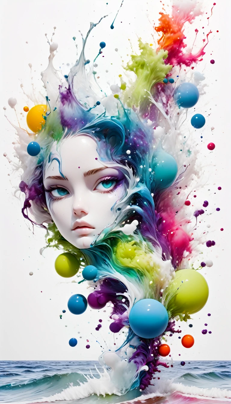 scribble art,ink splatter,1girl, wild and unrestrained,splash ink painting,Abstractionism,colorful,Blurry dreams,Dynamic energy,release creation,visual impact,modern aesthetic,Elegant and simple,Contemporary interpretation,Be bold,White background,Lots of white space,Colored glass marbles fall into sea of ink,ink splatter moment,Stir up huge colorful waveagnificent