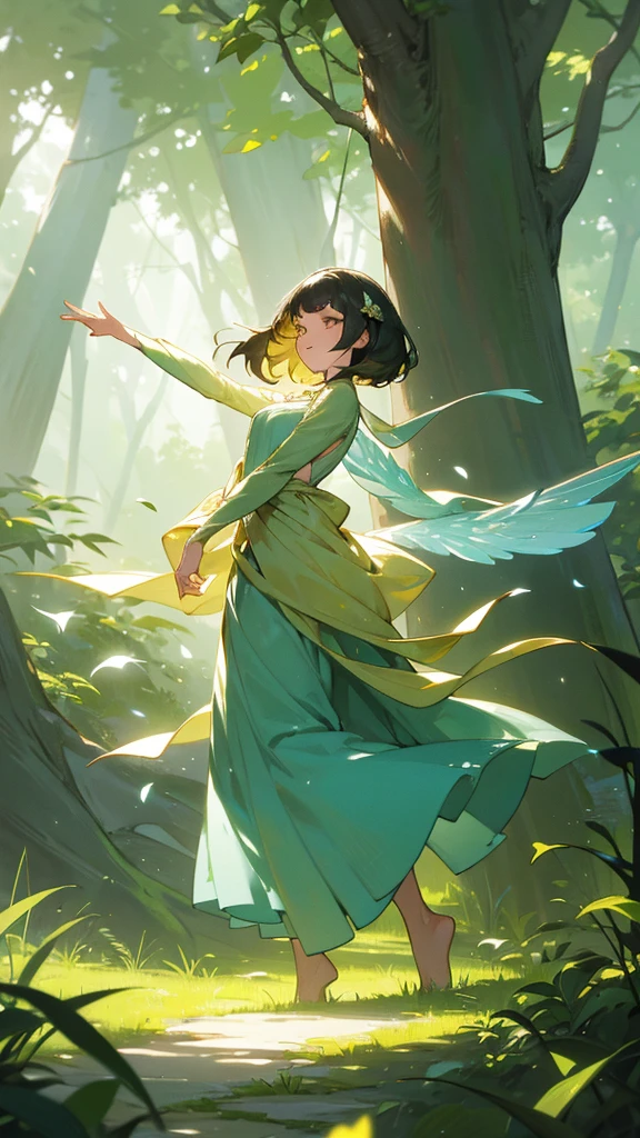 
In the heart of an ancient forest, a pixie named Elara flitted gracefully among the towering trees. Her aura shimmered with a mesmerizing blend of emerald and gold, casting a gentle glow that illuminated the forest floor. The canopy above was a rich tapestry of green, with sunlight filtering through the leaves in delicate beams, creating a dance of light and shadow. Vibrant flowers dotted the underbrush, their petals glistening with morning dew, while the sweet scent of blooming jasmine filled the air. Birds chirped melodiously from the branches, and the gentle rustle of leaves whispered secrets of the forest's timeless beauty. Elara's wings, delicate and iridescent, caught the light as she moved, leaving a trail of sparkling dust in her wake. The forest, alive with the hum of life and the rustle of leaves, seemed to welcome her with every step, each tree and plant bending slightly as if to greet their luminous visitor.