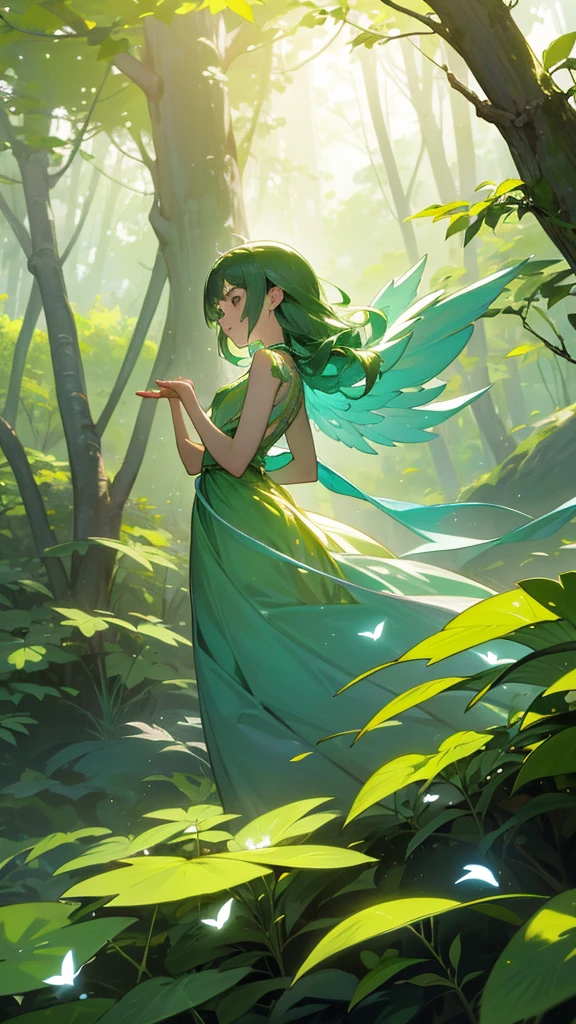 In the heart of an ancient forest, a pixie named Elara flitted gracefully among the towering trees. Her aura shimmered with a mesmerizing blend of emerald and gold, casting a gentle glow that illuminated the forest floor. The canopy above was a rich tapestry of green, with sunlight filtering through the leaves in delicate beams, creating a dance of light and shadow. Vibrant flowers dotted the underbrush, their petals glistening with morning dew, while the sweet scent of blooming jasmine filled the air. Birds chirped melodiously from the branches, and the gentle rustle of leaves whispered secrets of the forest's timeless beauty. Elara's wings, delicate and iridescent, caught the light as she moved, leaving a trail of sparkling dust in her wake. The forest, alive with the hum of life and the rustle of leaves, seemed to welcome her with every step, each tree and plant bending slightly as if to greet their luminous visitor.