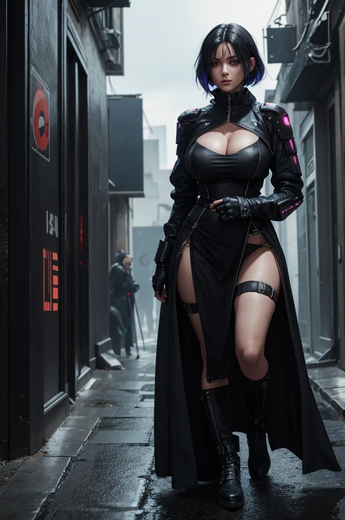 une femme dans une tenue noire et des cheveux rose, visible de dos, montre ses fesses, de dos, séduisant cyberpunk dark fantasy, tendance sur artstation, ultra sexy, gros seins, hanche large, fesse rebondi, style sombre et sensuel, succube en robe courte moulante, fille cyberpunk rêveuse, beau regard