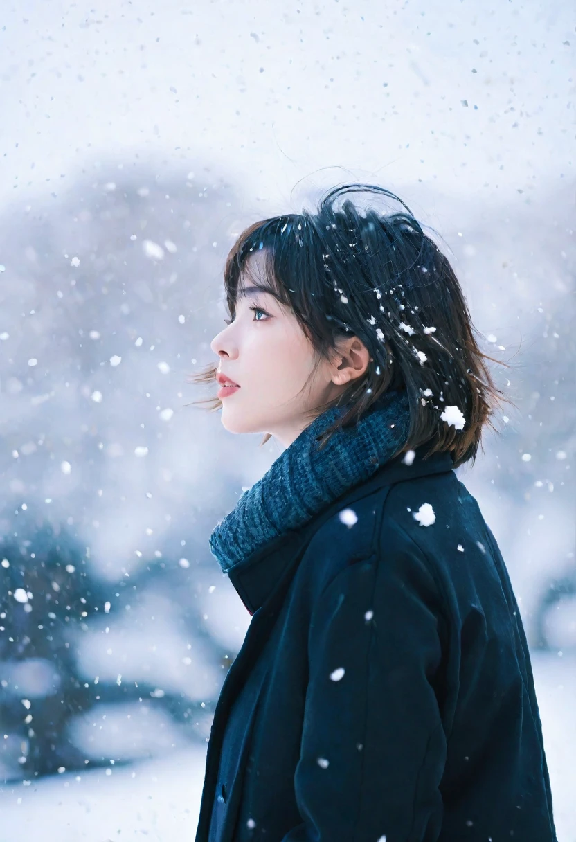 a girl with short hair in a black coat was standing in the snow,look up,the breeze stirred the hair,heavy snow,snowing,depth of field,telephoto lens,messy hair,((close-up)),((sad)),sad and melancholy atmosphere,reference movie love letter,profile,looking up,(face focus),((floating hair)),bangs,eyes focus,half closed-eyes,central composition,from below,