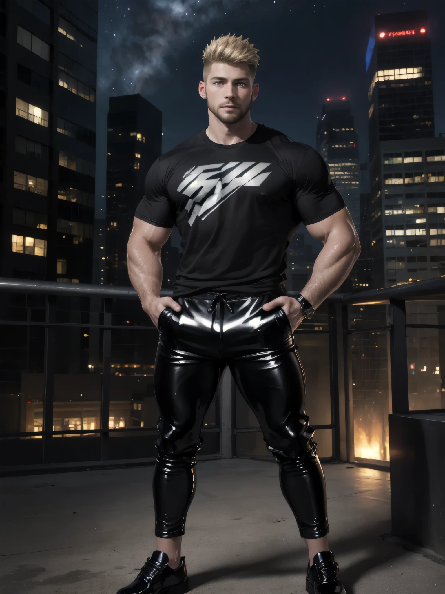 handsome man, manly, ((glossy shiny) black сompression t-shirt: 1.2), ((shiny glossy) metallic silver pants: 1.2), short beard, caucassian, 1boy, (anatomically correct, male focus, gray eyes, undercut: 1.1), dark ash blonde hair, hands in pockets, confident pose, standing, undercut, looking at viewer, muscular, skyscraper rooftop scene, night sky,