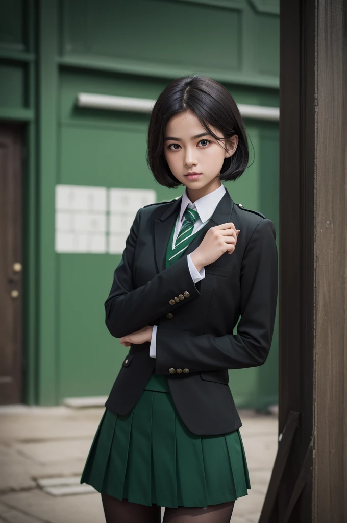 Create me a green and black school gymkhana uniform with the Slytherin symbol from Harry Potter 