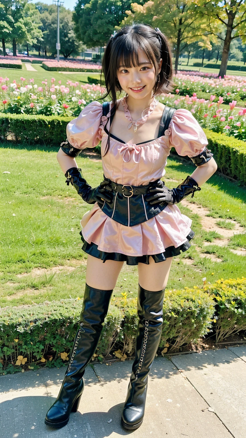 (8k、RAW Photos、Highest quality、masterpiece:1.2)、(Realistic、Realistic)、1 Girl、((mini skirt、Hero Costumes、Frilledium Hair、smile、whole body、Gloves、Pink and black、boots、garden、View from the front、Looking at the camera、Hands on your hips))、cute