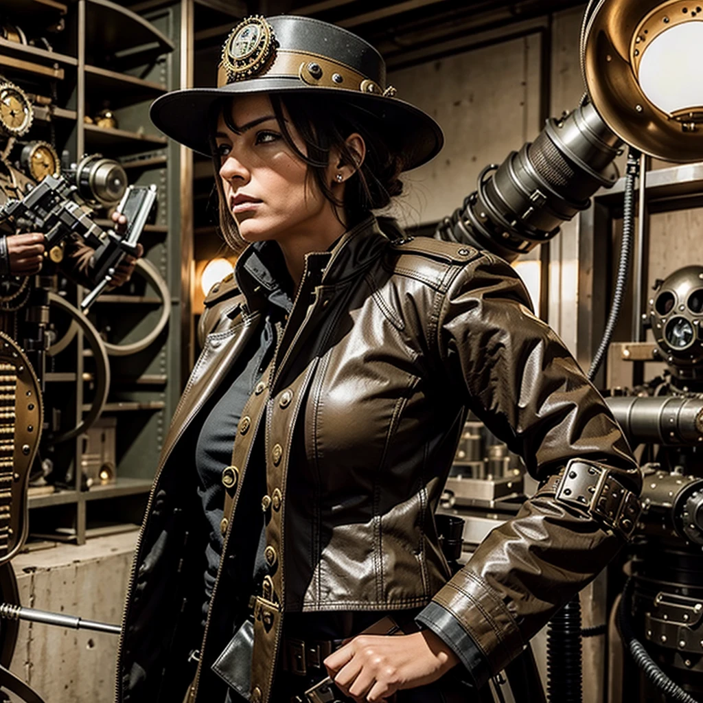 a woman in a steampunk military uniform is ready to fight in a battlefield, surrounded by threatening surreal figures.