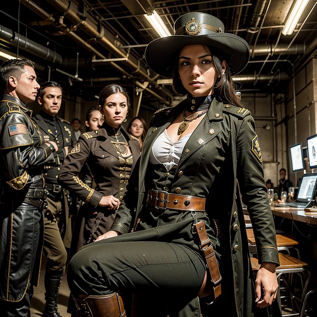 a woman in a steampunk military uniform is ready to fight in a battlefield, surrounded by threatening surreal figures.