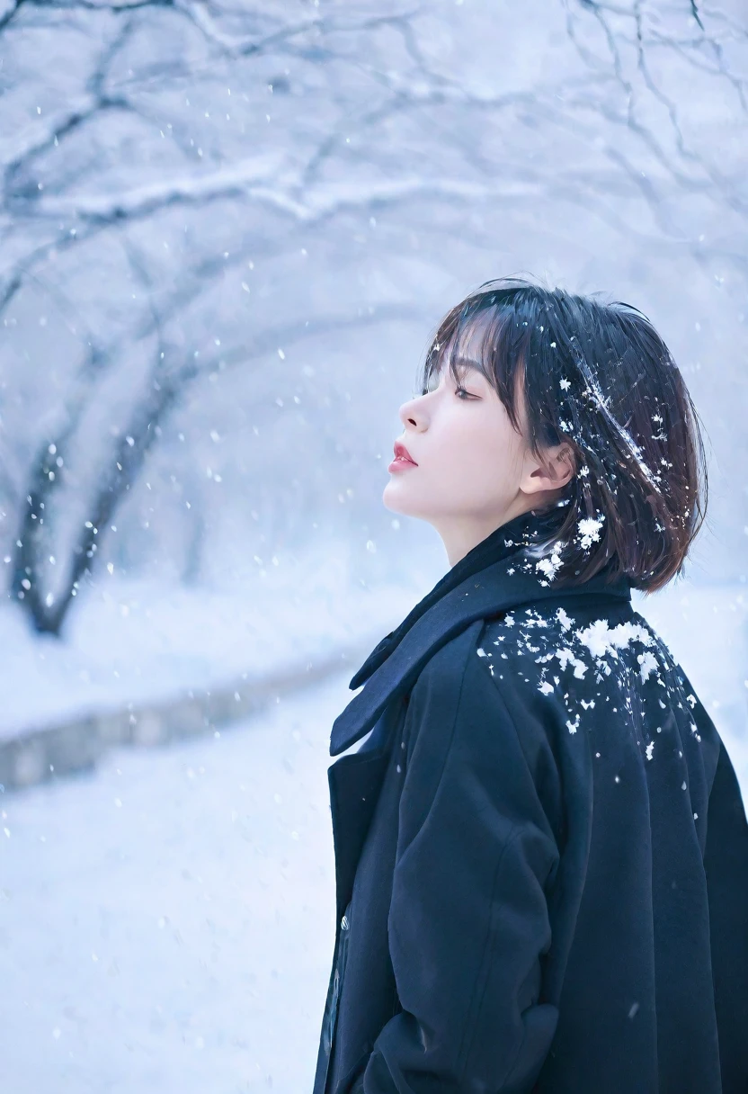 a girl with short hair in a black coat was standing in the snow,look up,the breeze stirred the hair,heavy snow,snowing,depth of field,telephoto lens,messy hair,((close-up)),((sad)),sad and melancholy atmosphere,reference movie love letter,profile,looking up,(face focus),((floating hair)),bangs,eyes focus,half closed-eyes,central composition,from below,