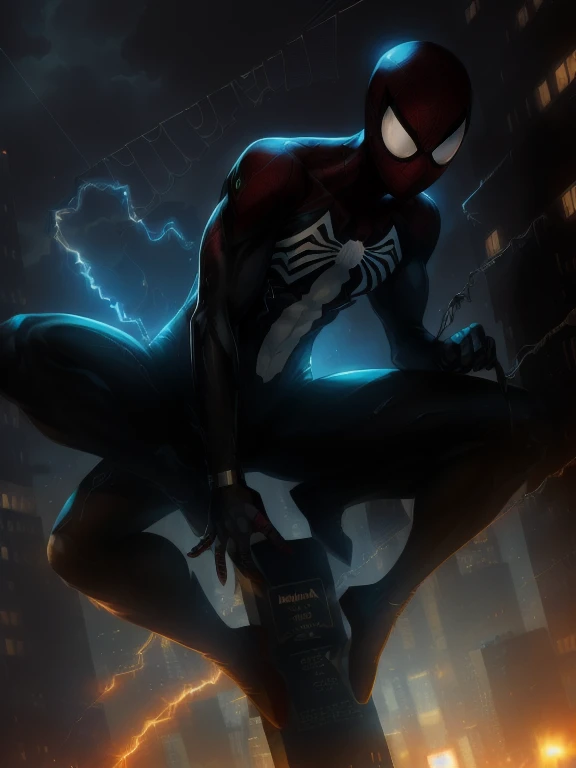 (Award Winning Digital Artwork:1.3) ,(Energetic:1.3), spider-man,CGSociety,ArtStation, in air, between skyscrapers,(Masculinine:1.4),(beautiful:1.4),(attractive:1.3),handsome,web shot ,perfectly detailed eyes, Spider web, thematic background, black costume, swinging