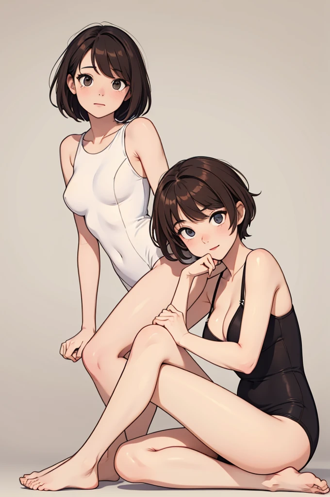 (((masterpiece, best quality, ultra highres, 1 girl, solo, no background))), super detailed skin and face and eyes and finger, beautiful japanese woman, small breasts:1.5, skinny, light brown hair, white background, very short pixie hair, cowboy shot, Generate with illustrations, Various expressions, Various poses, Please draw the entire character within the frame, ensuring that the head, arms, and legs are not cut off. The background should be simple, with the character positioned centrally, outline, anime, 2d, boyish, tiny micro sexy body suit, M legs, spread legs, embarrassed, Cross-legged sitting,