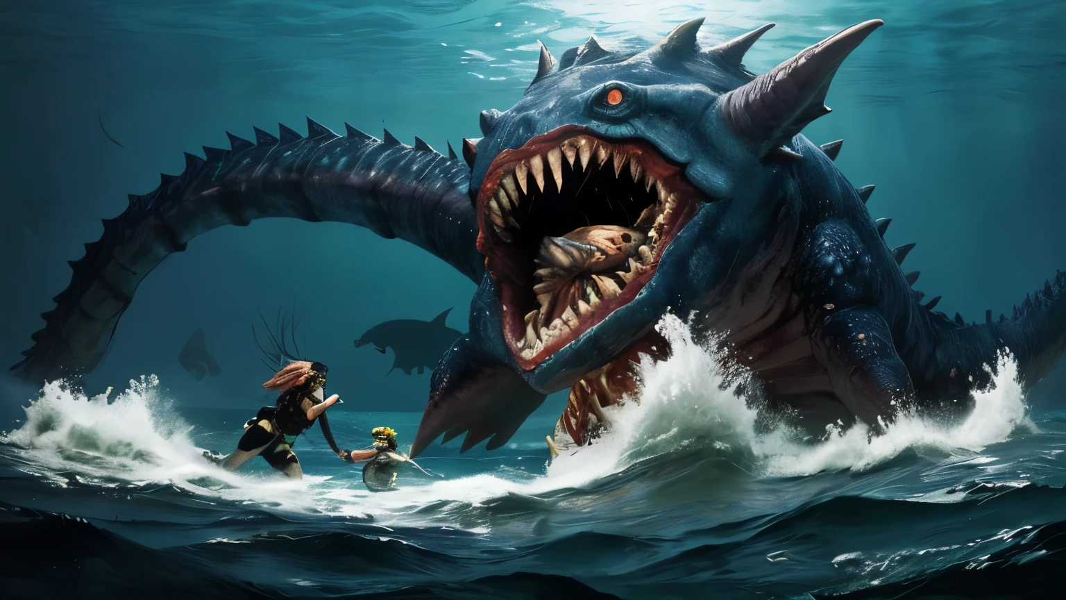 ((best quality)), ((masterpiece)), (detailed), A digital illustration of people being attacked by underwater monsters in a dark, murky ocean setting