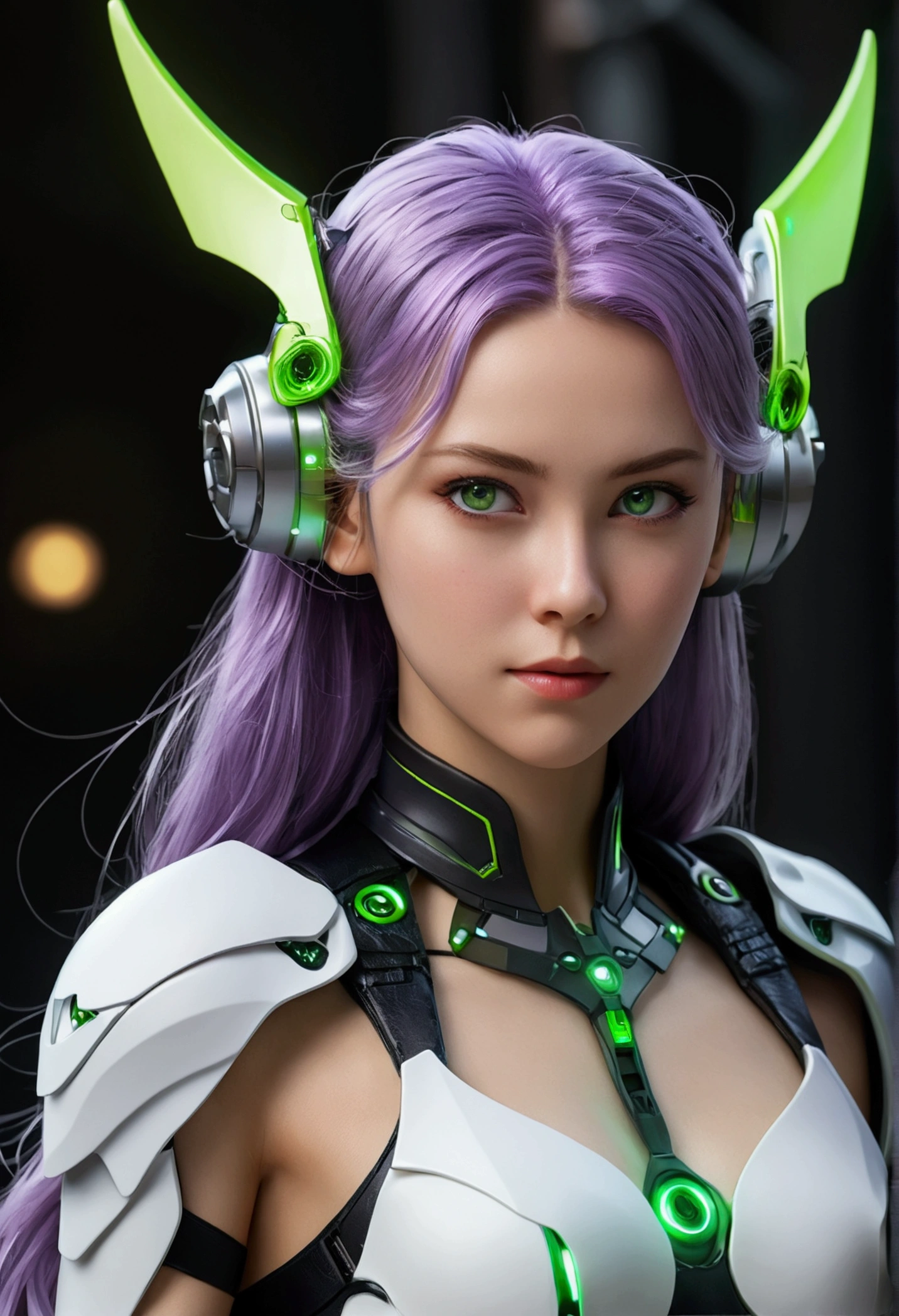 Maximum quality、Masterpiece artwork、super high resolution、(photorrealistic:1.4)、1 girl、Bright green long hair、slickedback hair, shiny and clean hair、(greeneyes), White and glowing skin、Sexy cyberpunk girl、((super realistic details))、ombre、octane rendering、ultra-sharp、hyper-detailed face、Fiberglass、Luminous tube、highly intricate details、Realistic Lumiere、CGSoação Trends、(greeneyes)、(Facing the camera)、neon details、Purple bat wings on the back, small bat wings on the head, mechanical cervical fixation to the neck、wires and cables connected to the head、((Valkyrie))、((Beam cannon))、Combat posture、((seductively pose:0.8))、(Lumiere_ssmile:1.0)、Variation of poses