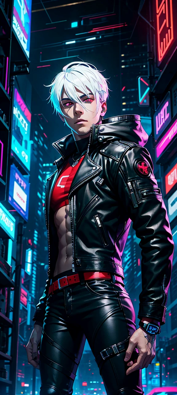 Change the background of a handsome cyberpunk guy. 8k, ultra realistic, Whole body, White hair, neon red eyes, black leather jacket, getting off a motorcycle