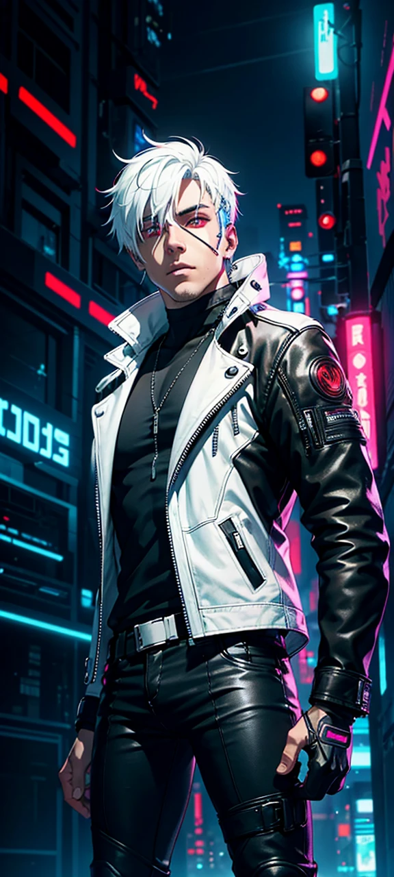 Change the background of a handsome cyberpunk guy. 8k, ultra realistic, Whole body, White hair, neon red eyes, black leather jacket, getting off a motorcycle