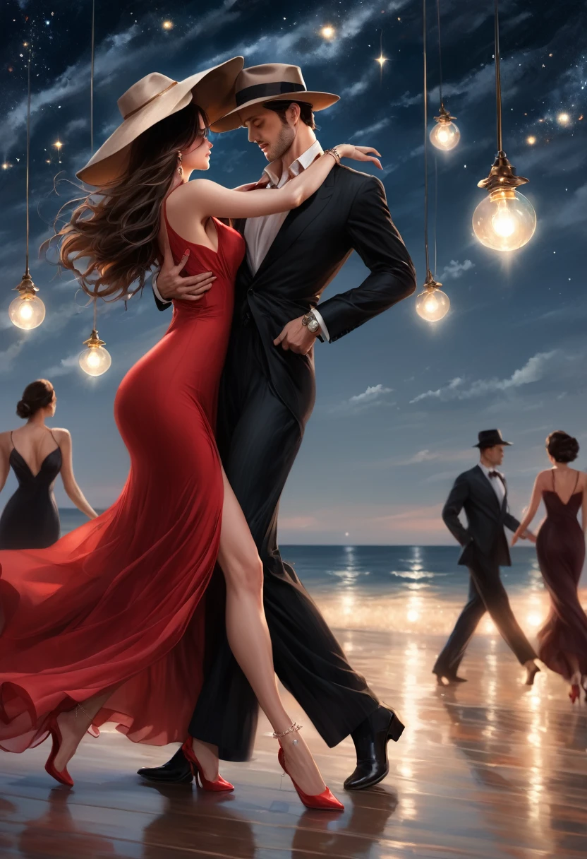 a masterpiece, stunning detail, an action shot, low angle, (top quality)), ((masterpiece)), a long hair girl, woman big hat, transparent long red dress, dance tango with a man, lamps, brown hair, shirt, black hair, 1boy, cleavage, jewelry, tango, hetero, multiple couples, pants, looking at another, bracelet, transparent dress, ,outdoors, full moon, strong wind, outdoors, full body, starry sky, at sea,,outdoors,(tango:1.2)