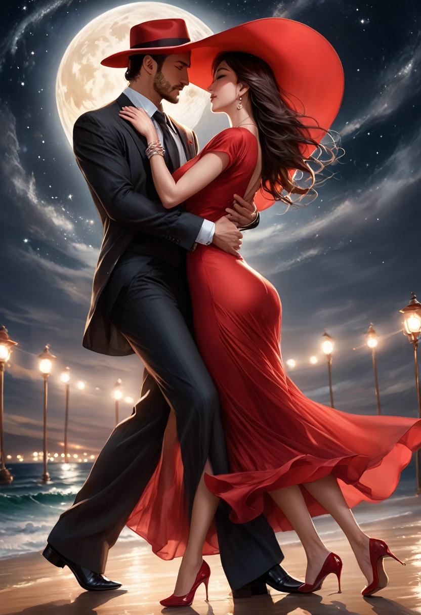 a masterpiece, stunning detail, an action shot, low angle, (top quality)), ((masterpiece)), a long hair girl, woman big hat, transparent long red dress, dance tango with a man, lamps, brown hair, shirt, black hair, 1boy, cleavage, jewelry, tango, hetero, multiple couples, pants, looking at another, bracelet, transparent dress, ,outdoors, full moon, strong wind, outdoors, full body, starry sky, at sea,,outdoors,(tango:1.2)
