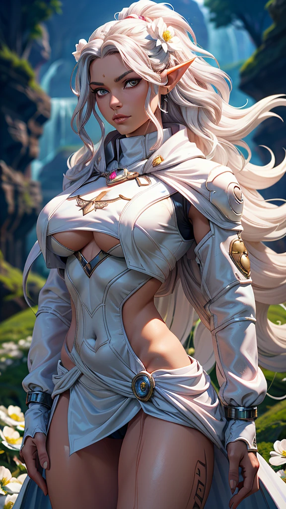 In a striking cowboy shot, a dark-skinned elf maiden stands tall, her piercing grey eyes gazing directly at the viewer. Her wavy, white-hued locks cascade down her back, adorned with a hair ornament that catches the light. A pink flower blooms behind her ear, where pointy ears protrude. Her breasts are showcased under a flowing cape, partially hidden by long sleeves. The midriff is exposed, framing her toned physique. A ring adorns one hand, while the other holds a single flower. The overall composition is set against a subtle watermark, emphasizing the subject's mystical aura. fantasy castle background, ((cowboy shot)),
